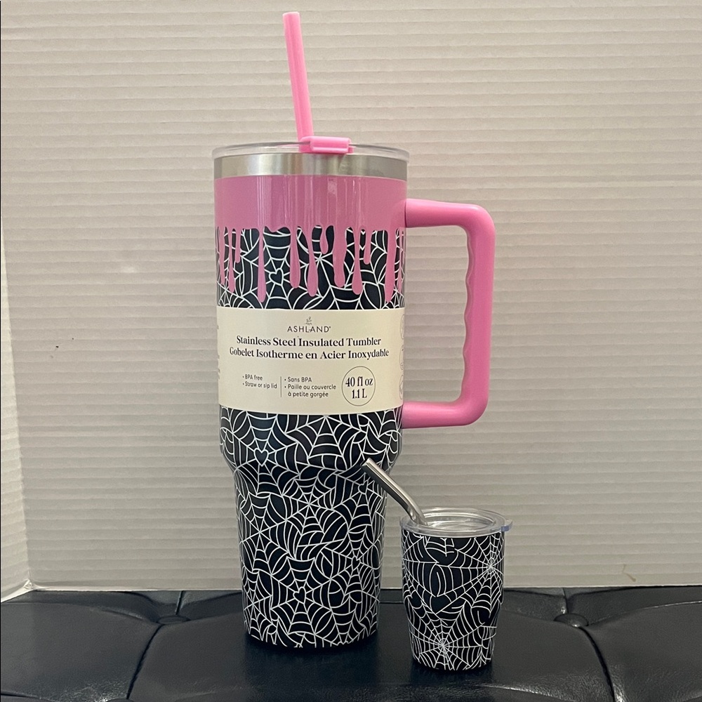 New Ashland Pink + Black Spider Web Heart Insulated Tumbler Set:40oz + Mini 3oz